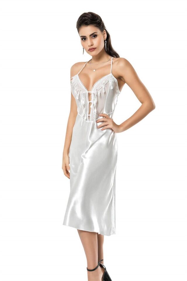 Aria's Closet Ekru Uzun İkili Saten Sabahlık Gecelik Takımı