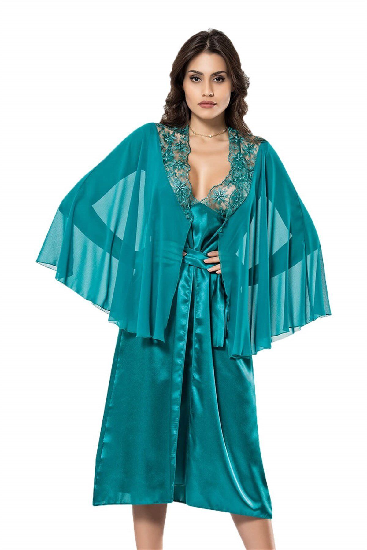 Aria's Closet Zümrüt Uzun İkili Saten Sabahlık Gecelik Takımı
