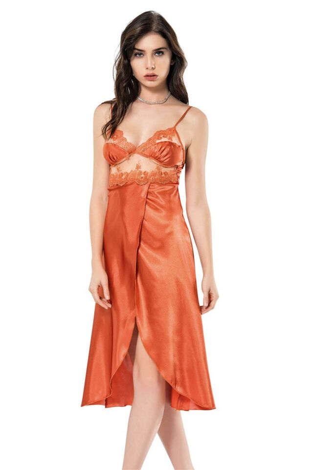 Aria's Closet Oranj Uzun İkili Saten Sabahlık Gecelik Takımı