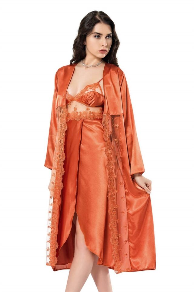 Aria's Closet Oranj Uzun İkili Saten Sabahlık Gecelik Takımı