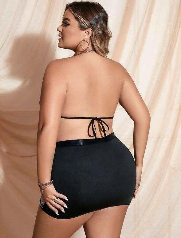 Aria's Closet Büyük Beden Siyah Deri Zincir Detaylı Etekli Fantezi Takım