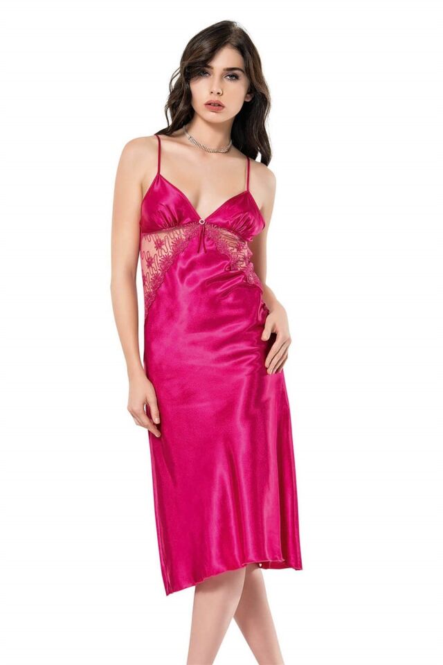 Aria's Closet Vişne Uzun İkili Saten Sabahlık Gecelik Takımı