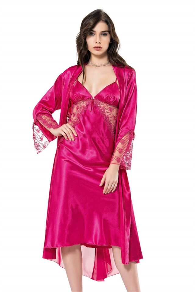 Aria's Closet Vişne Uzun İkili Saten Sabahlık Gecelik Takımı