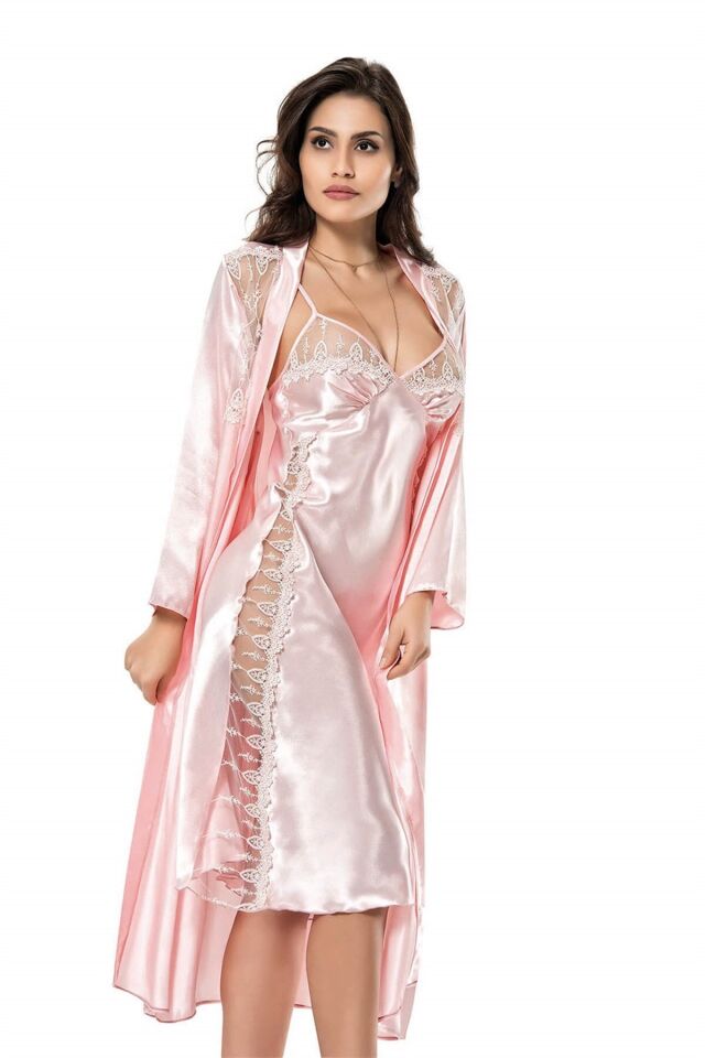 Aria's Closet Somon Uzun İkili Saten Sabahlık Gecelik Takımı
