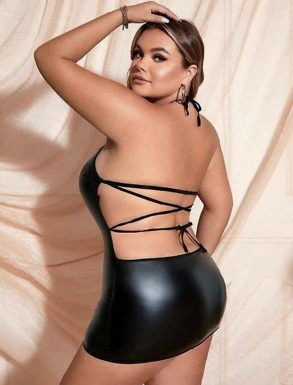 Aria's Closet Büyük Beden Siyah Deri Göğüs Dekolteli Fantezi Elbise