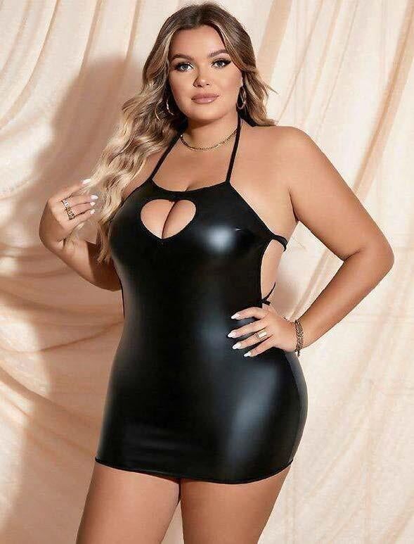 Aria's Closet Büyük Beden Siyah Deri Göğüs Dekolteli Fantezi Elbise