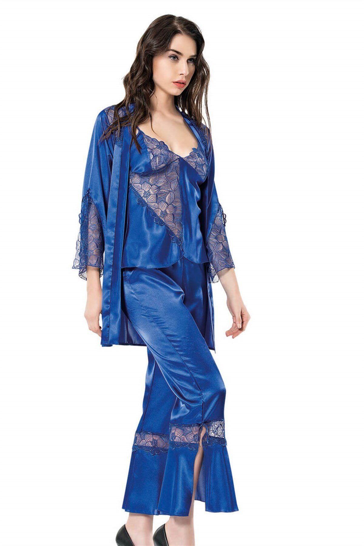 Aria's Closet Saks Üçlü Saten Sabahlık Gecelik Pijama Takımı