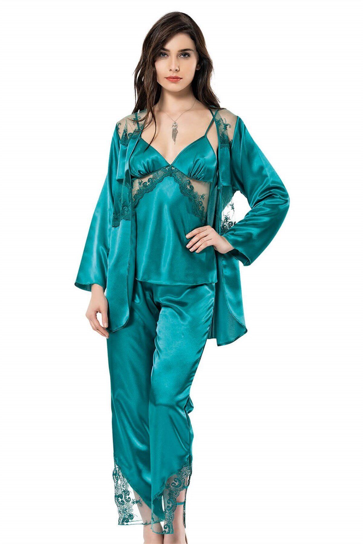 Aria's Closet Zümrüt Üçlü Saten Sabahlık Gecelik Pijama Takımı