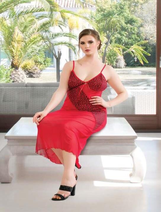 Aria's Closet Büyük Beden Bordo Leopar Desen Tül Fantezi Uzun Gecelik