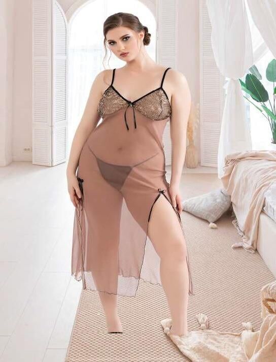 Aria's Closet Büyük Beden Kahverengi Tül Fantezi Uzun Yırtmaçlı Gecelik