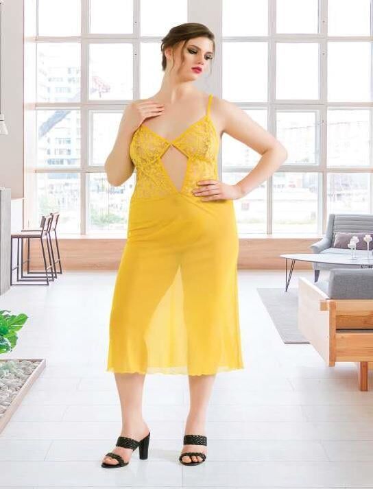 Aria's Closet Büyük Beden Sarı Dantelli Tül Fantezi Uzun Yırtmaçlı Gecelik