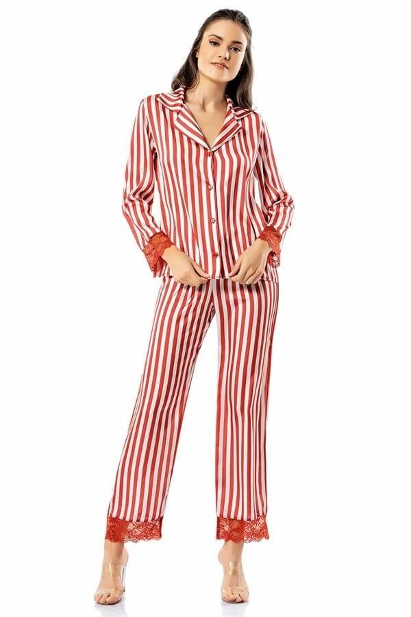 Loriva Çizgili Kiremit İkili Saten Gecelik Pijama Takımı