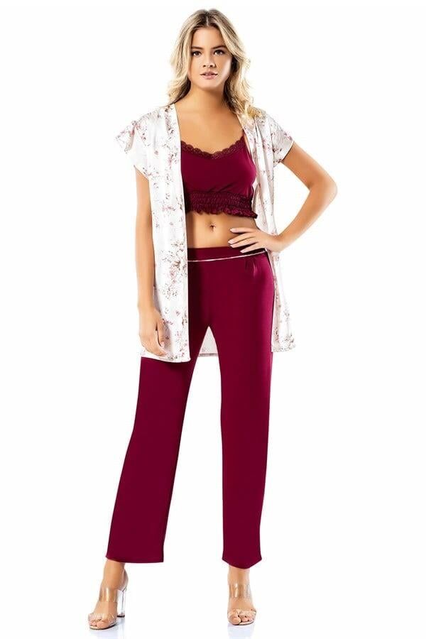Loriva Büstiyerli Bordo Üçlü Penye Saten Pijama Takımı