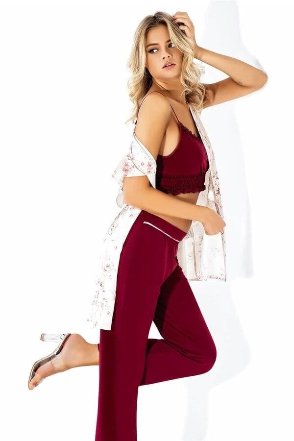Loriva Büstiyerli Bordo Üçlü Penye Saten Pijama Takımı