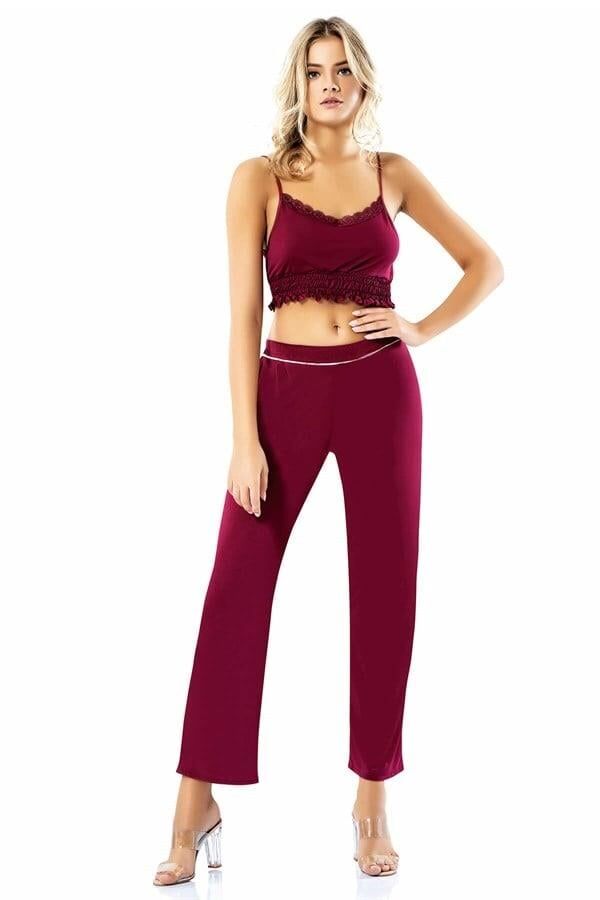 Loriva Büstiyerli Bordo Üçlü Penye Saten Pijama Takımı