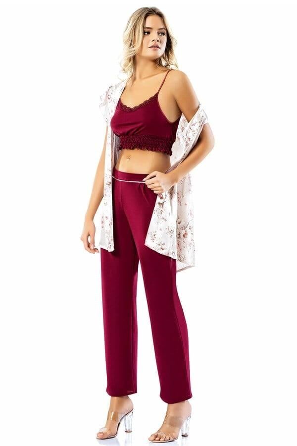 Loriva Büstiyerli Bordo Üçlü Penye Saten Pijama Takımı