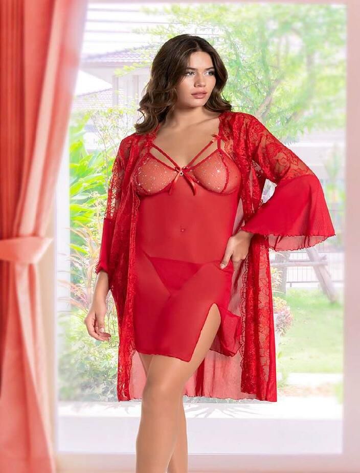 Aria's Closet Kırmızı Transparan Dantel İşlemeli Tül Yırtmaçlı 2'li Gecelik Takımı