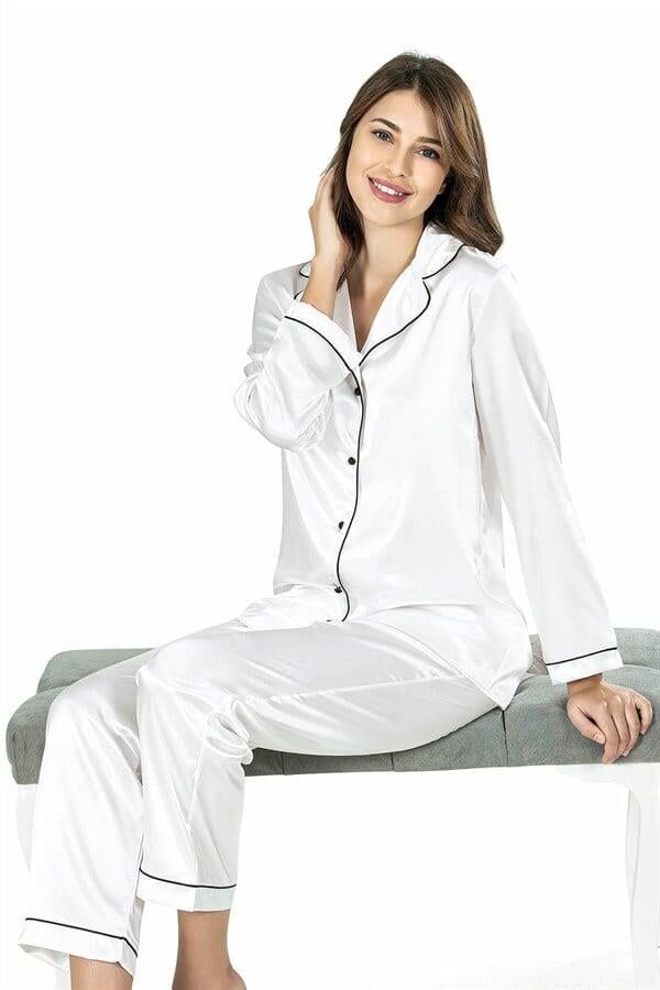 Ahu Ekru İkili Saten Gecelik Pijama Takımı 7647