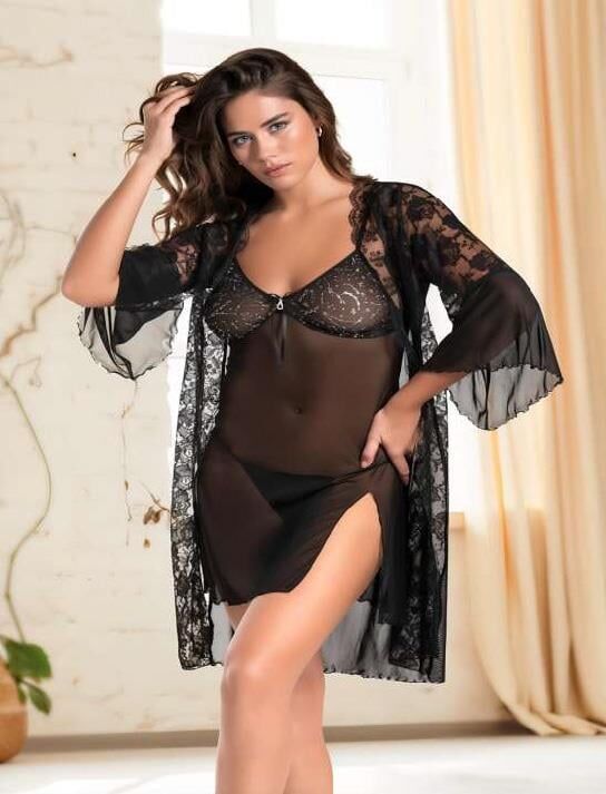 Aria's Closet Siyah Transparan Dantel İşlemeli Yırtmaçlı 2'li Tül Gecelik Takımı