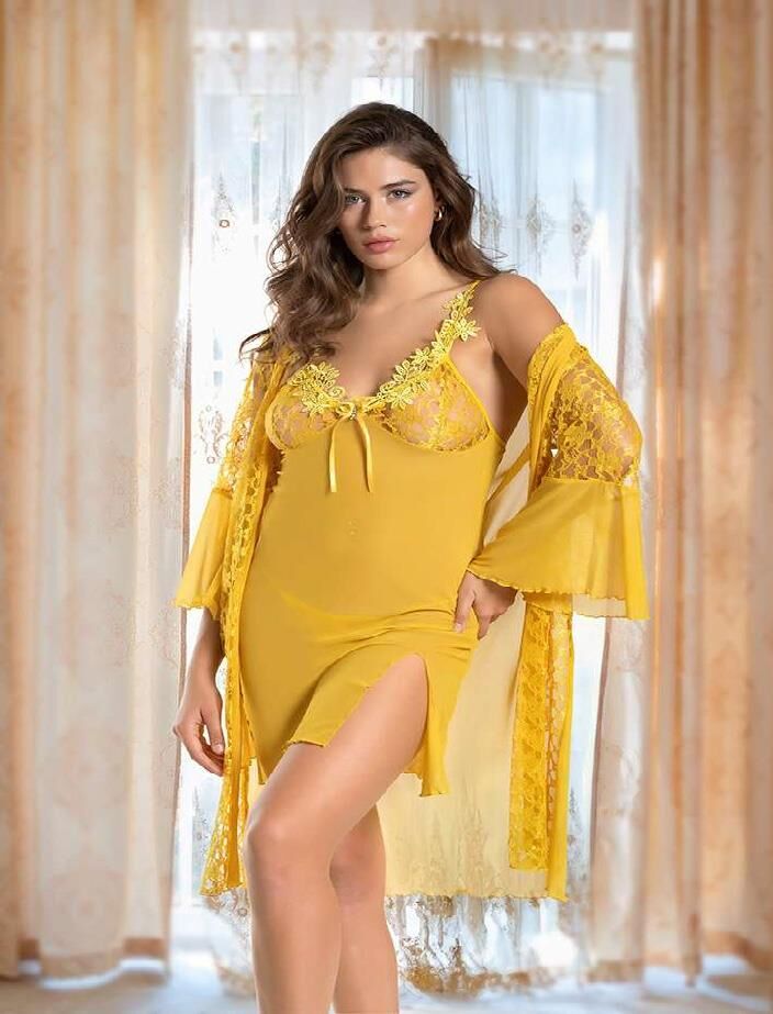 Aria's Closet Gold Transparan Dantel İşlemeli Yırtmaçlı 2'li Tül Gecelik Takımı