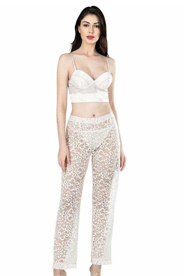 Ahu Ekru Üçlü Büstiyerli Saten Sabahlık Gecelik Pijama Takımı 7637