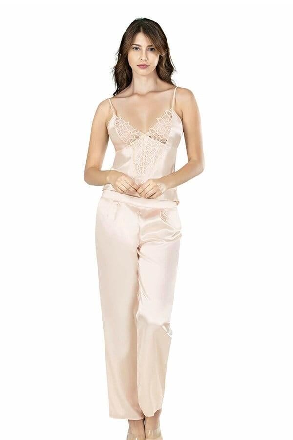 Ahu Fildişi Üçlü Saten Gecelik Pijama Takımı 7640