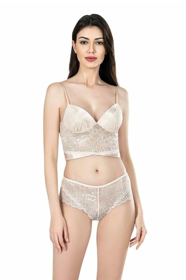 Ahu Fildişi Büstiyerli Üçlü Saten Gecelik Babydoll Şort Takım 7655