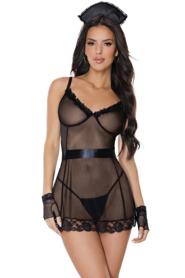 Aria's Closet Siyah Kuşaklı Dantelli Transparan Fantezi Hemşire Kostümü