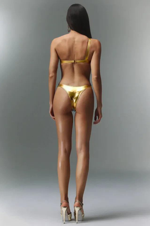 İTHAL Zarael Tek Omuzlu Hollow Out Elmas Mini Bodysuit Mayo
