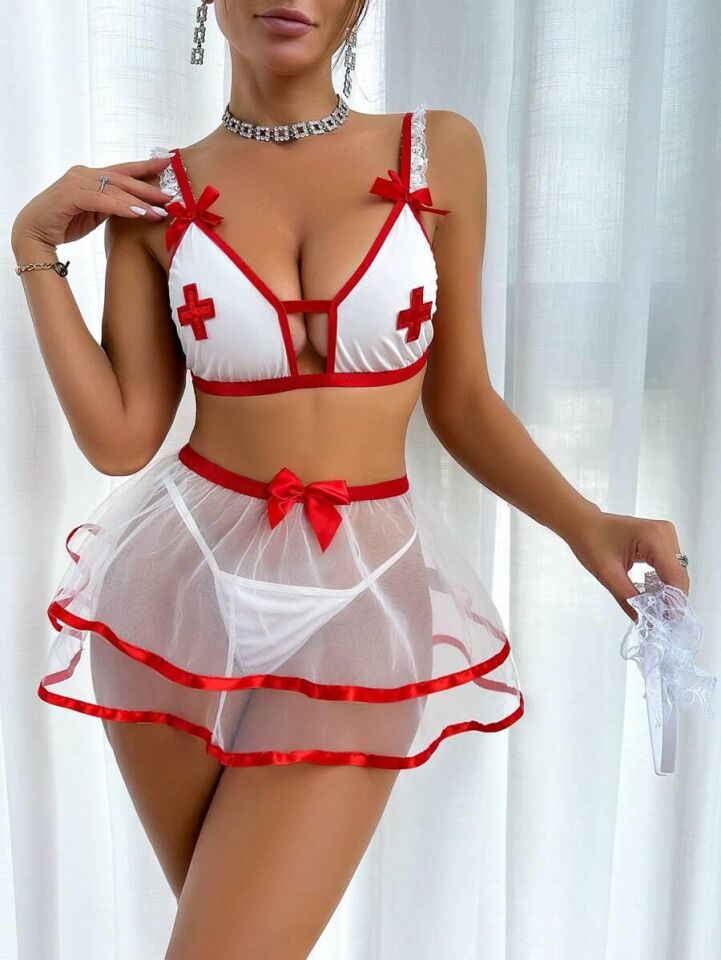 Aria's Closet Fantezi Beyaz Tül Etekli Seksi Hemşire Kostümü