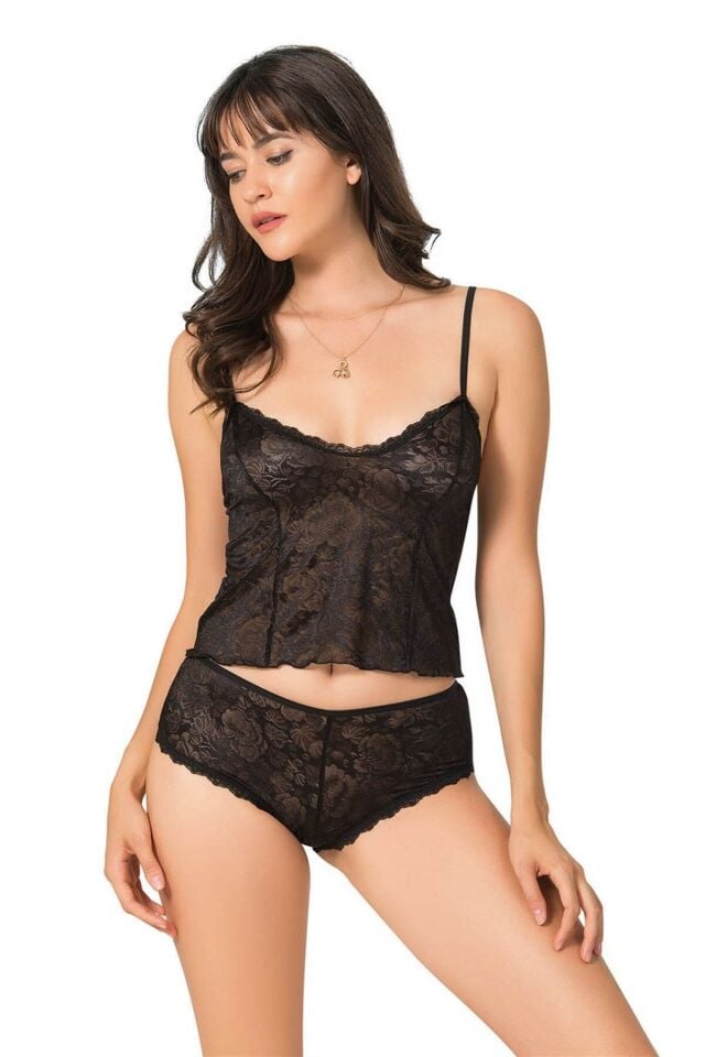 Aria's Closet Siyah Jakarlı Babydoll Şort Takımı
