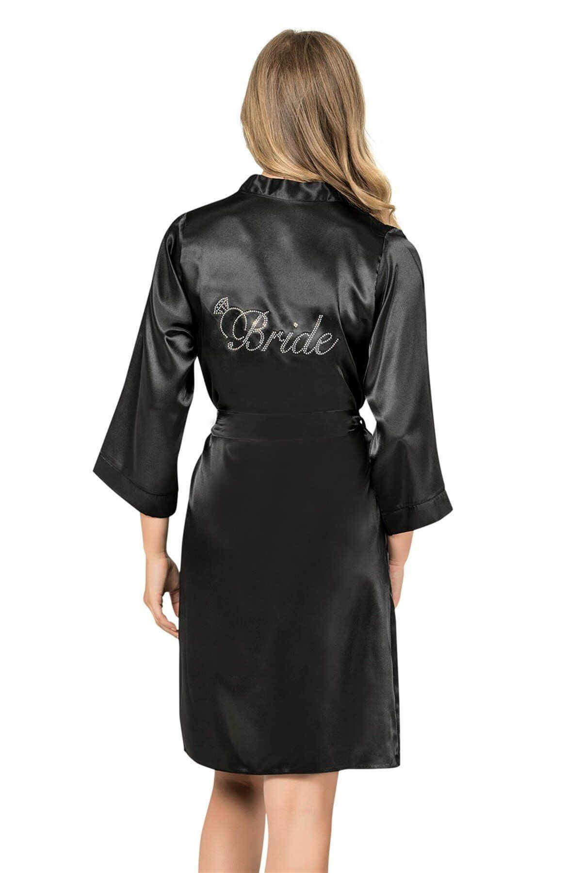 Aria's Closet Siyah Kısa Saten Bride Sabahlık