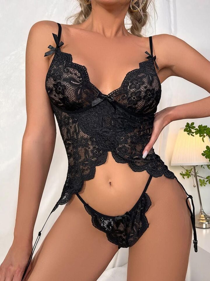 Aria's Closet Özel Tasarım Arkadan Bağcıklı Fantezi Siyah Jartiyer Takım