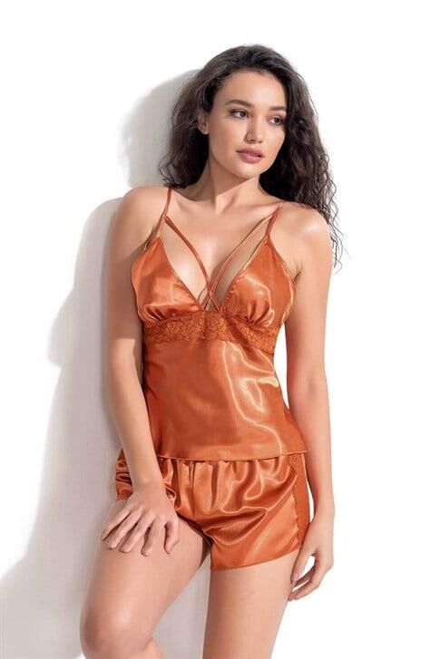 Aria's Closet Oranj Saten Babydoll Şort Takımı 9104