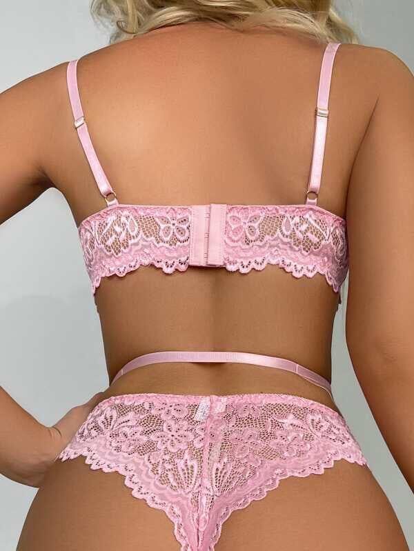 Aria's Closet Kalp Aksesuarlı Dantelli Fantezi Pembe Jartiyer Takım