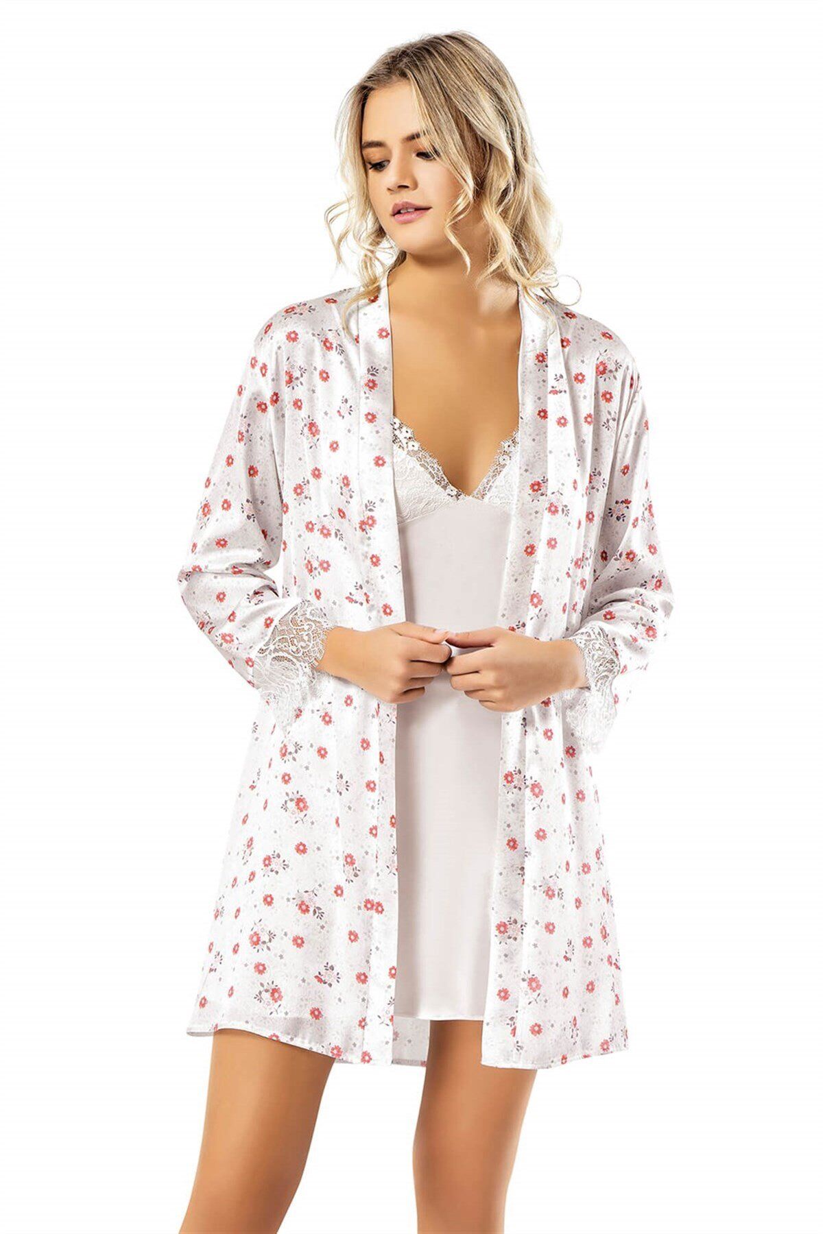 Aria's Closet Desenli Saten Sabahlık Gecelik Takımı