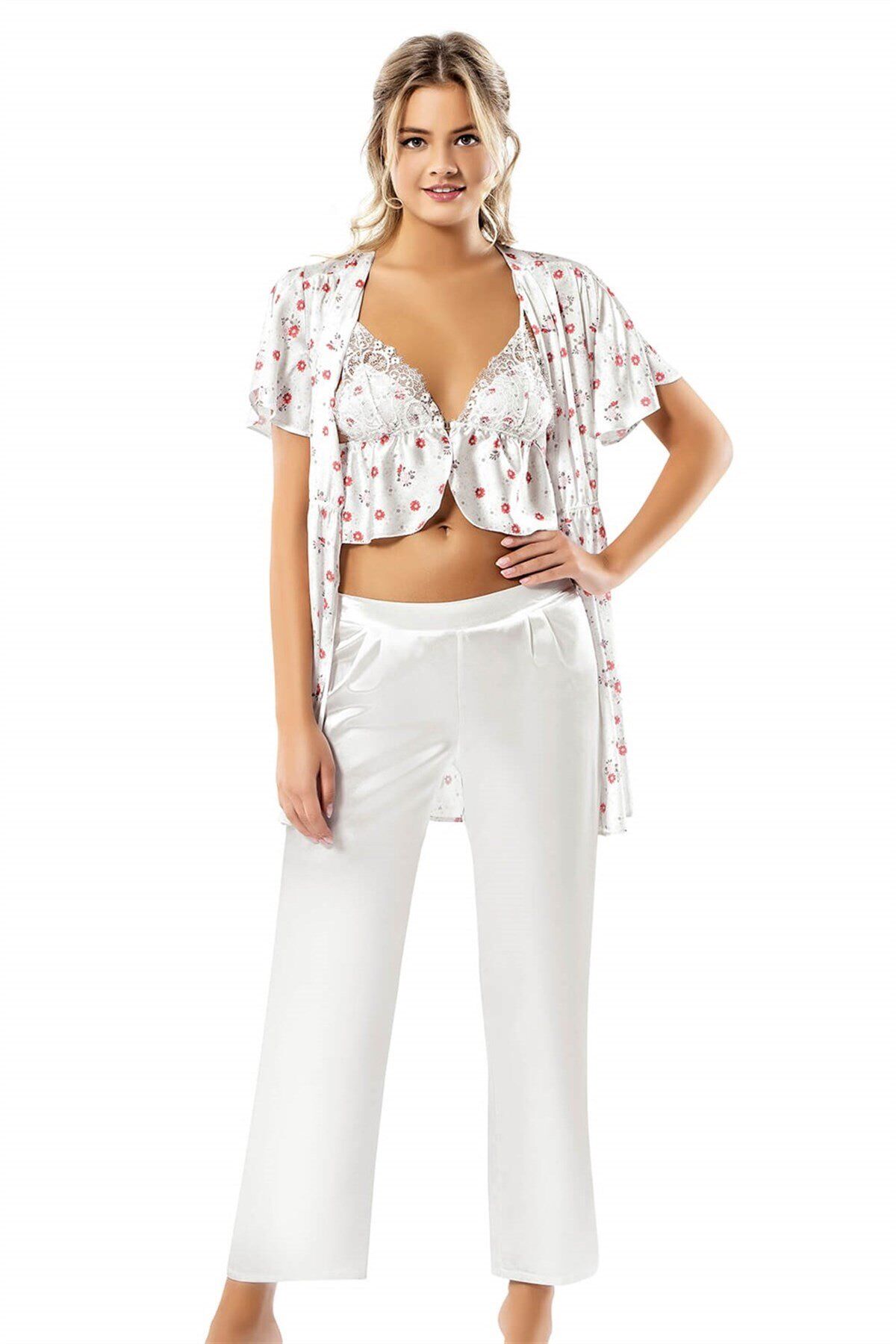 Aria's Closet Desenli Büstiyerli Üçlü Saten Sabahlık Gecelik Pijama Takımı