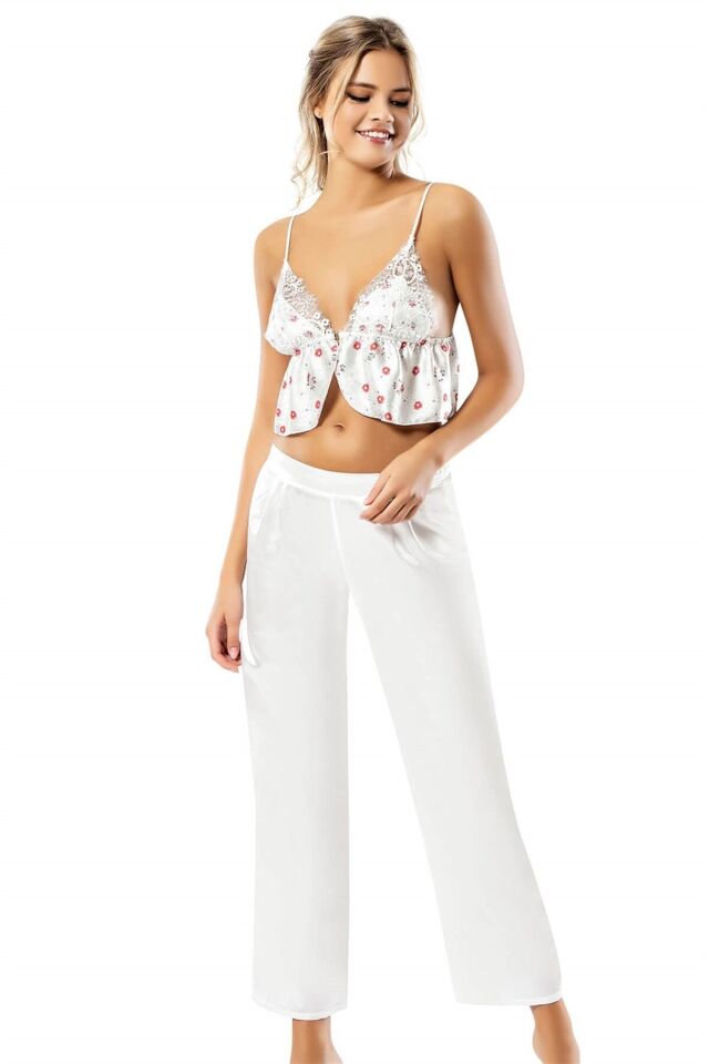 Aria's Closet Desenli Büstiyerli Üçlü Saten Sabahlık Gecelik Pijama Takımı