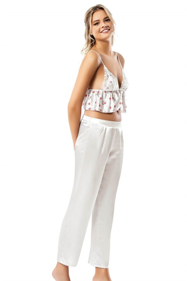 Aria's Closet Desenli Büstiyerli Üçlü Saten Sabahlık Gecelik Pijama Takımı