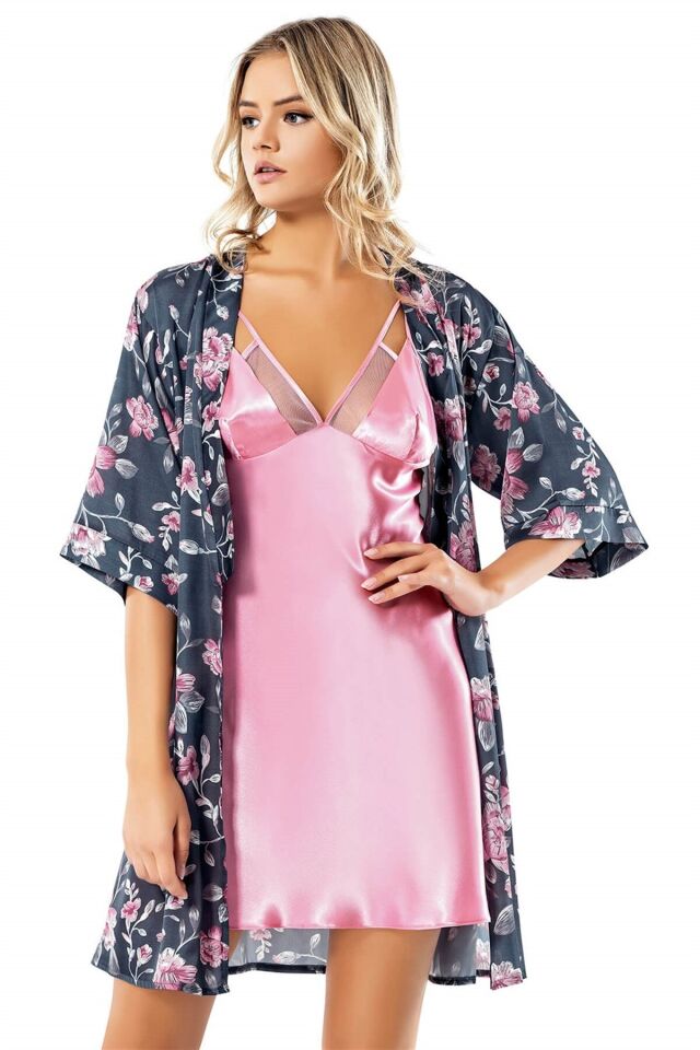 Aria's Closet Desenli Pembe Saten Sabahlık Gecelik Takımı