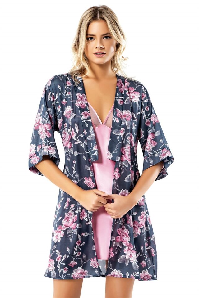 Aria's Closet Desenli Pembe Saten Sabahlık Gecelik Takımı