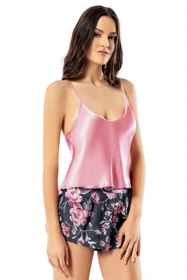 Aria's Closet Desenli Pembe Saten Babydoll Şort Takımı