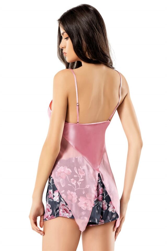 Aria's Closet Desenli Pembe Saten Babydoll Şort Takımı