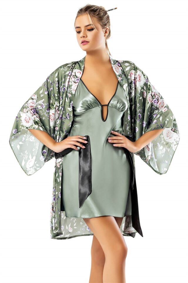 Aria's Closet Desenli Su Yeşili Saten Sabahlık Gecelik Takımı