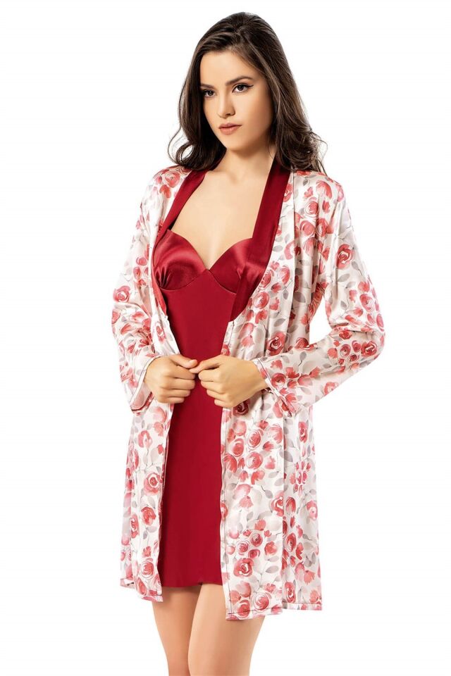 Aria's Closet Desenli Bordo Saten Sabahlık Gecelik Takımı