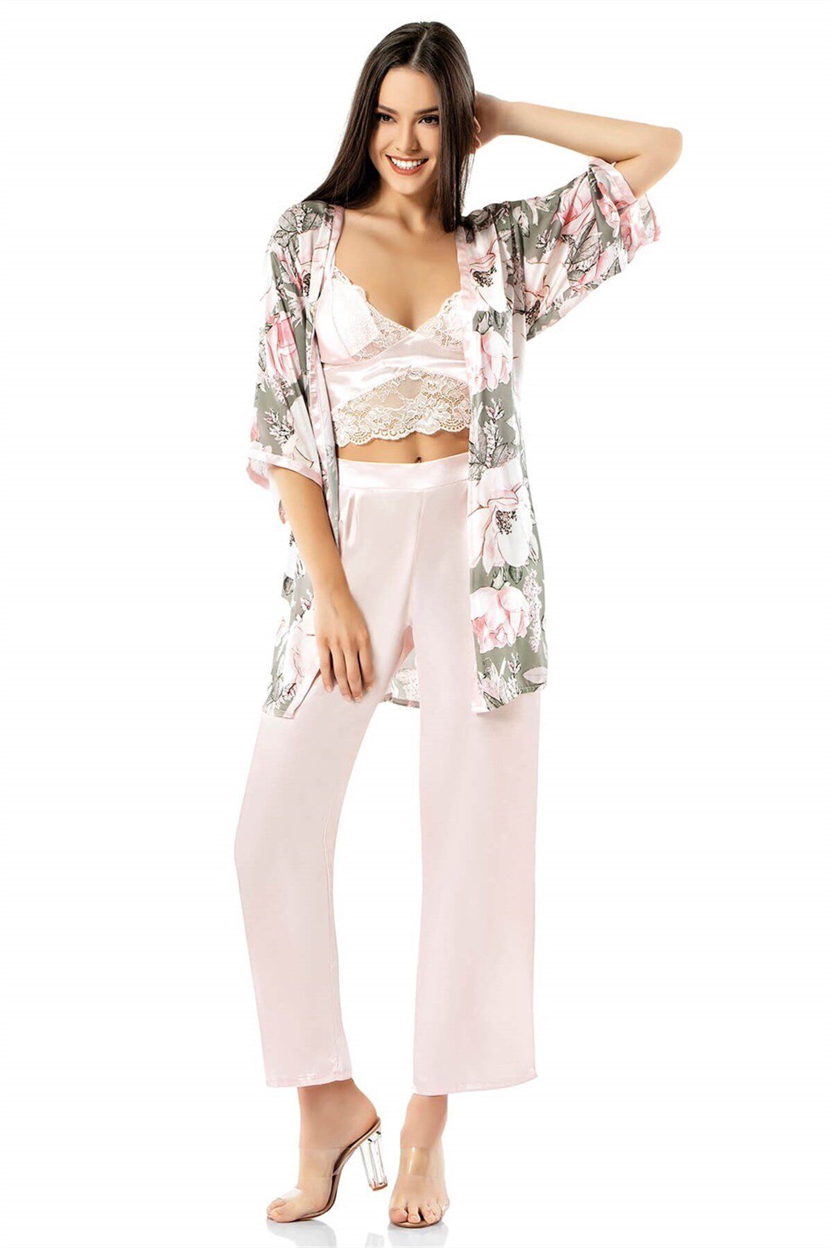 Aria's Closet Desenli Büstiyerli Pembe Üçlü Saten Gecelik Pijama Takımı