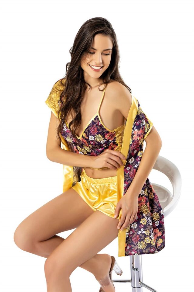 Aria's Closet Desenli Büstiyerli Sarı Üçlü Saten Babydol Şort Takımı