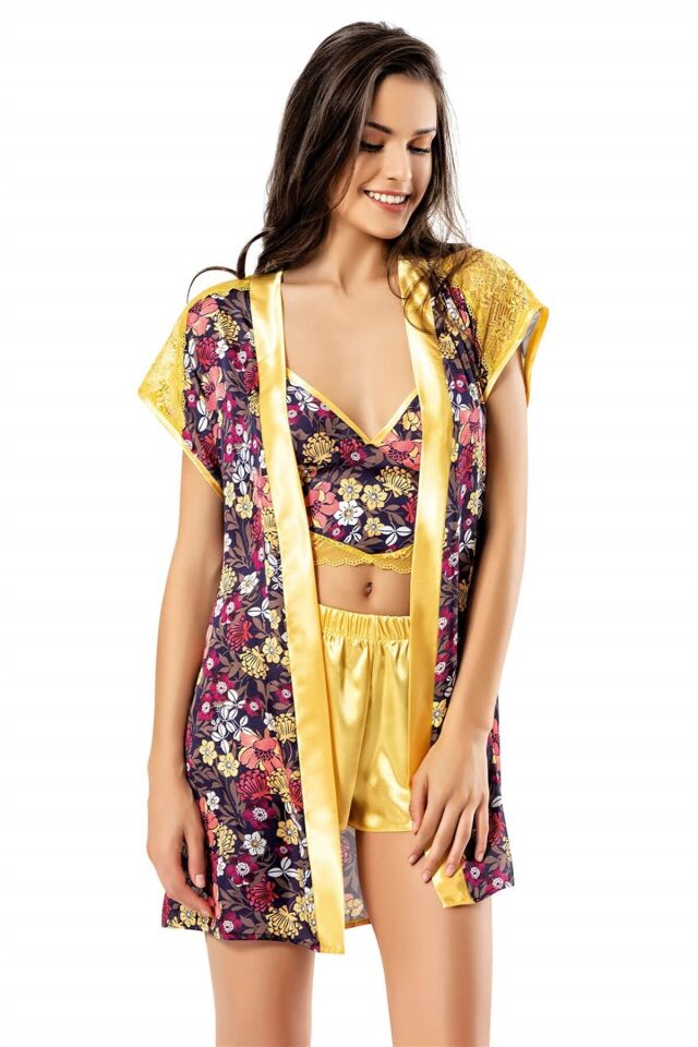 Aria's Closet Desenli Büstiyerli Sarı Üçlü Saten Babydol Şort Takımı