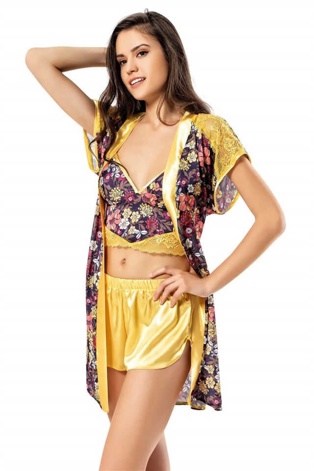 Aria's Closet Desenli Büstiyerli Sarı Üçlü Saten Babydol Şort Takımı