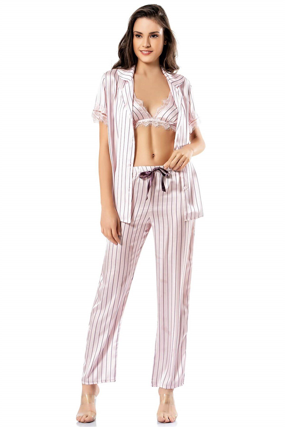 Aria's Closet Çizgili Büstiyerli Pembe Üçlü Saten Gecelik Pijama Takımı